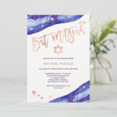 Blue Geode und Imitats Rose Gold Look Bat Mitzvah Einladung (Stehend Vorderseite)