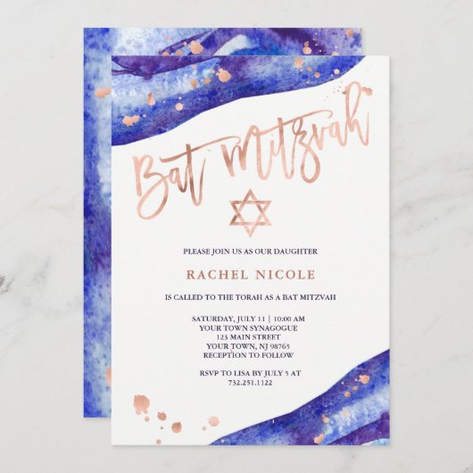Blue Geode und Imitats Rose Gold Look Bat Mitzvah Einladung (Vorne/Hinten)