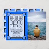 Blue Geometric Art Deco Geburtstagsparty Einladung (Vorne/Hinten)