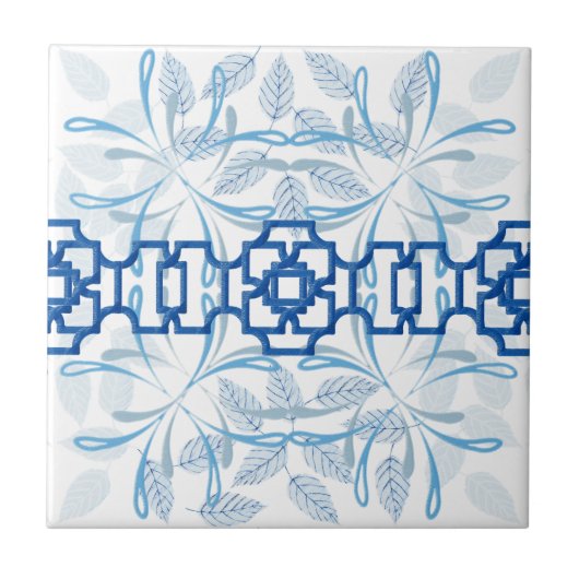 Blue Geometric Floral Chinoiserie Zen Pattern Fliese (Vorderseite)