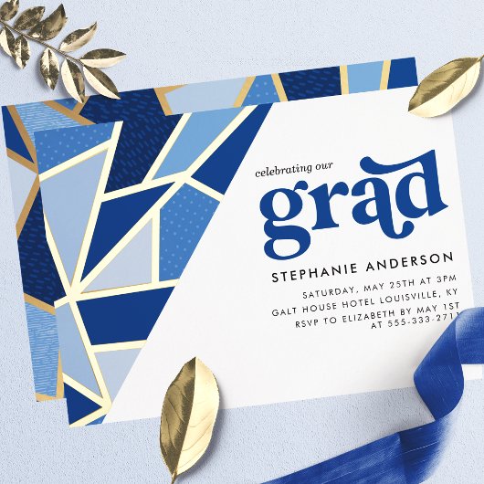 Blue Geometric Gold Modern Graduation Party Folieneinladung
