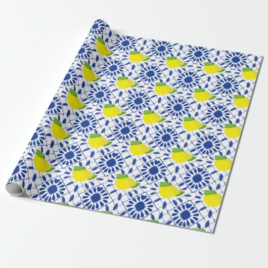 Blue Geometric Lemon Tile Geschenkpapier (Ungerollt)