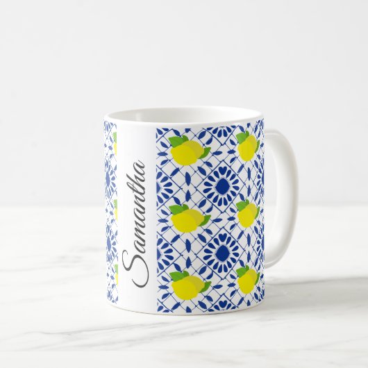 Blue Geometric Lemon Tile Kaffeetasse (VorderseiteRechts)