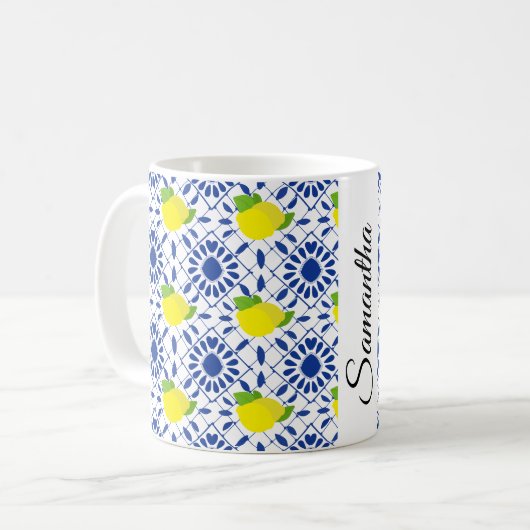 Blue Geometric Lemon Tile Kaffeetasse (Vorderseite Links)