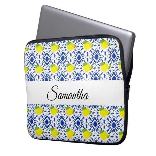 Blue Geometric Lemon Tile Laptopschutzhülle (Vorderseite Links)