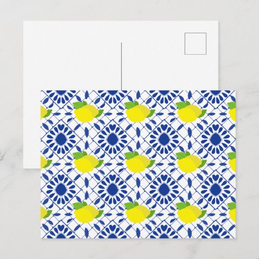 Blue Geometric Lemon Tile Postkarte (Vorne/Hinten)