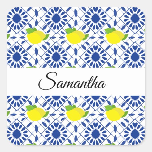 Blue Geometric Lemon Tile Quadratischer Aufkleber (Vorderseite)