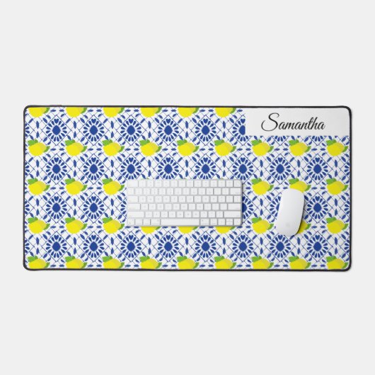 Blue Geometric Lemon Tile Schreibtischunterlage (Tastatur & Maus)