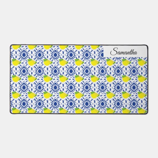 Blue Geometric Lemon Tile Schreibtischunterlage (Vorderseite)