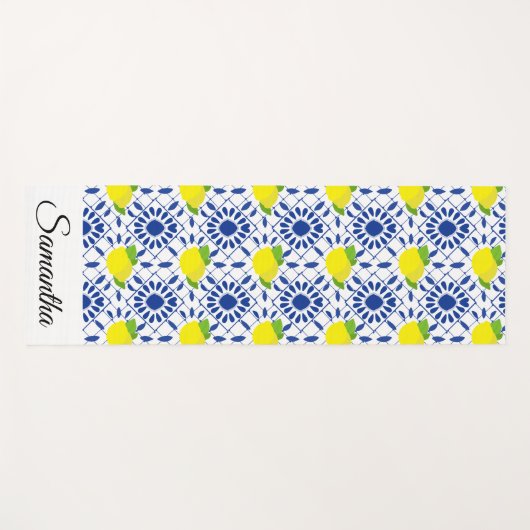 Blue Geometric Lemon Tile Yogamatte (Vorderseite (Horizontal))