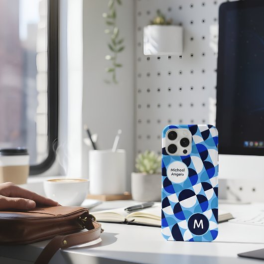 Blue Geometric Mosaic Bauhaus Monogram Custom Name iPhone Hülle