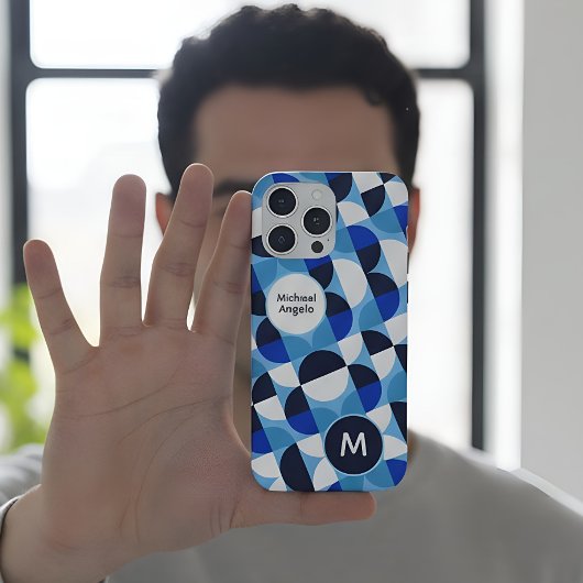 Blue Geometric Mosaic Bauhaus Monogram Custom Name iPhone Hülle