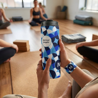 Blue Geometric Mosaic Bauhaus Monogram Custom Name Thermosbecher