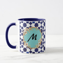 Blue Geometric Pattern Mug with Gold Floral Circle Tasse
