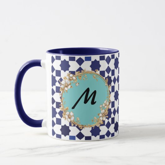 Blue Geometric Pattern Mug with Gold Floral Circle Tasse (Links)