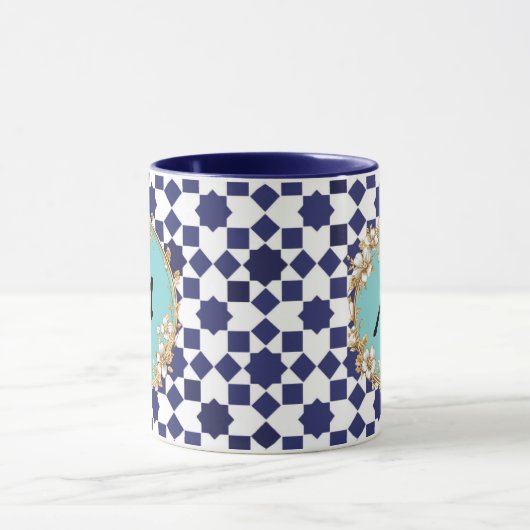 Blue Geometric Pattern Mug with Gold Floral Circle Tasse (Zentrum)