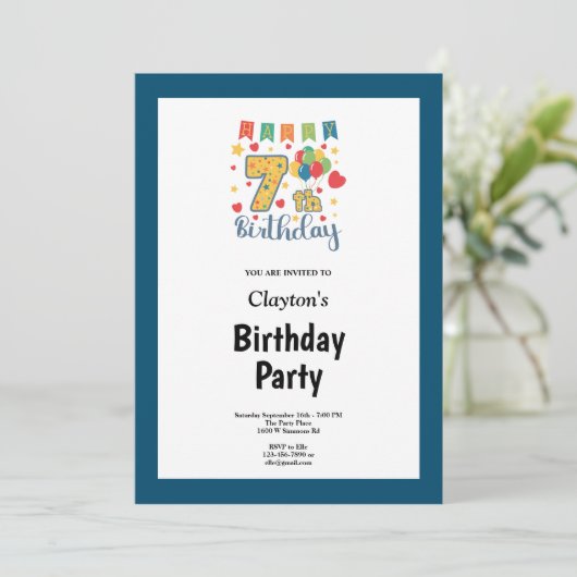 Blue Gerahmt 7th Birthday Party Einladung (Stehend Vorderseite)