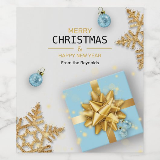 Blue Geschenkboxen Gold Schneeflocken Weihnachtsbä Weinetikett (Einzelnes Label)