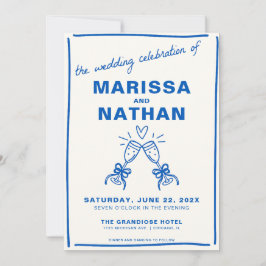 Blue Gezeichnet Gemeinsam Champgane Wedding Einlad Einladung