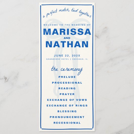 Blue Gezeichnet Together Bow Wedding Program Programm (Vorderseite)