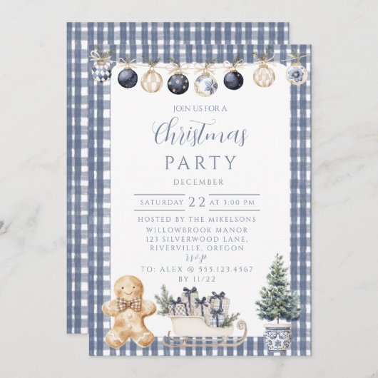 Blue Gingerbread Gingham Christmas Einladung (Vorne/Hinten)