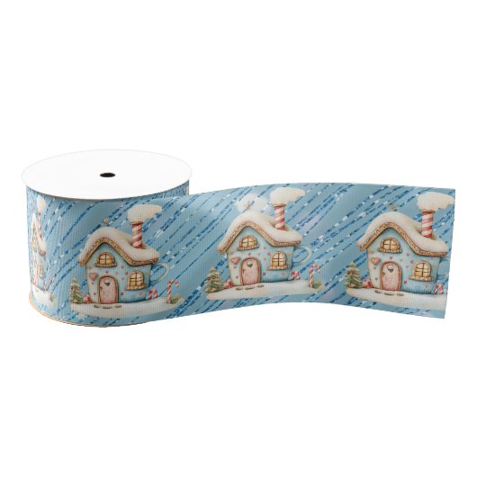 Blue Gingerbread House on Blue Glitter Ripsband (Spule)