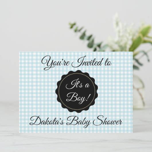 Blue Gingham and Black Boy Baby Shower Einladung (Stehend Vorderseite)
