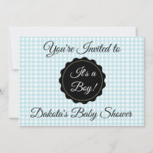 Blue Gingham and Black Boy Baby Shower Einladung