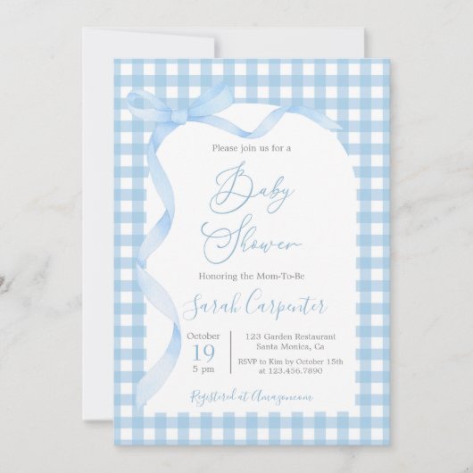 Blue Gingham and Bow Baby Shower Boy Einladung (Vorderseite)