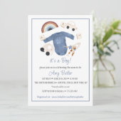 Blue Gingham and Toys Baby Boy Shower Invitation Einladung (Stehend Vorderseite)