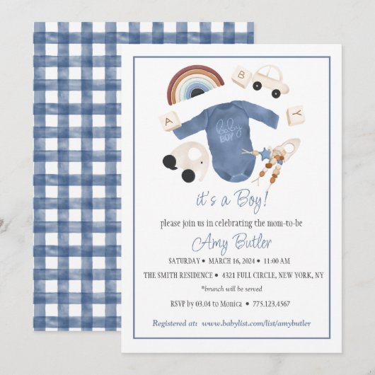 Blue Gingham and Toys Baby Boy Shower Invitation Einladung (Vorne/Hinten)