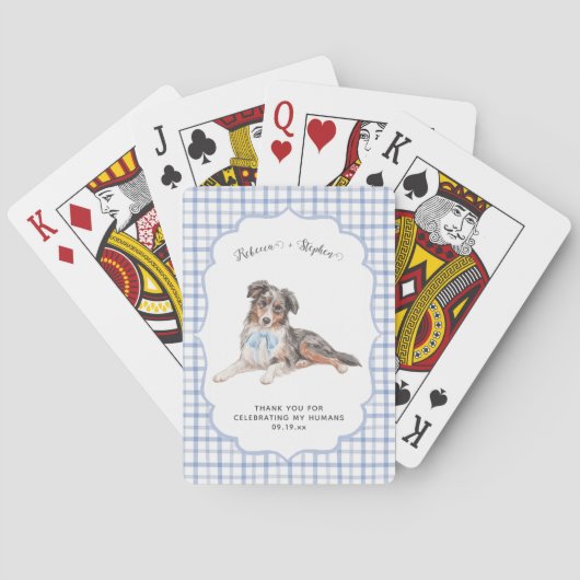 Blue Gingham | Aussie Dog Illustration Wedding Spielkarten (Rückseite)