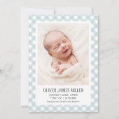 Blue Gingham Baby Birth Announcement Foto Card Ankündigung (Vorderseite)