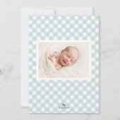 Blue Gingham Baby Birth Announcement Foto Card Ankündigung (Rückseite)