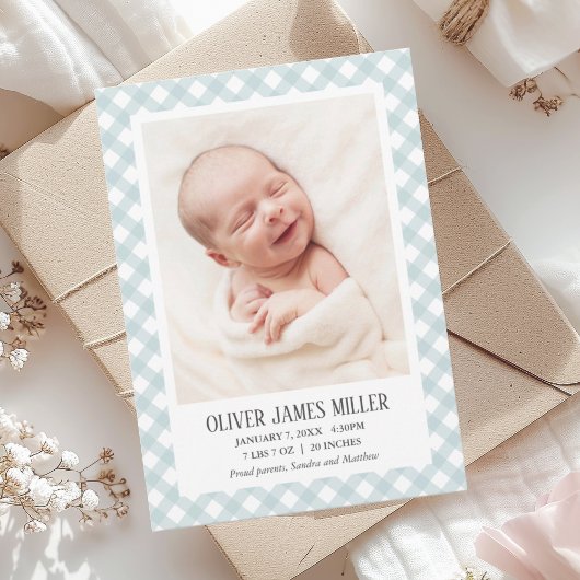Blue Gingham Baby Birth Announcement Foto Card Ankündigung