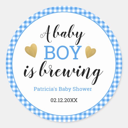 Blue Gingham Baby Boy Braut Babydusche Runder Aufkleber (Vorderseite)