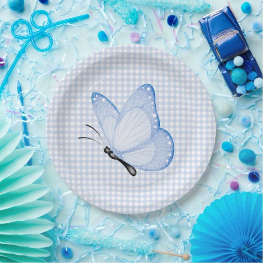 Blue Gingham Baby Boy Butterfly Baby Dusche Pappteller (Party)