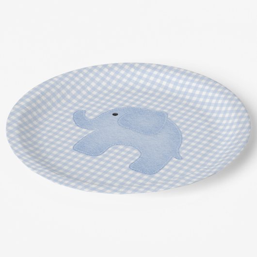 Blue Gingham Baby Boy Elephant Baby Shower Pappteller (Schrägansicht)