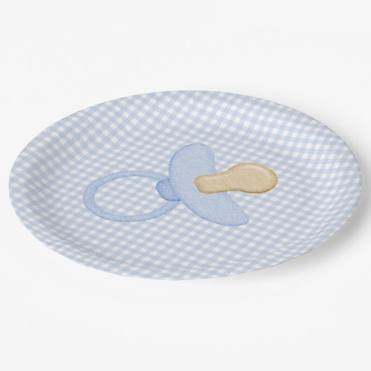 Blue Gingham Baby Boy Schnuller Baby Shower Pappteller (Schrägansicht)