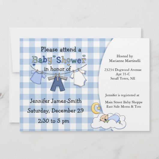 Blue Gingham Baby Boy Showeinladung Einladung (Vorderseite)