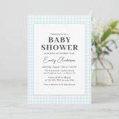 Blue Gingham Baby Boy Shower Einladung (Stehend Vorderseite)
