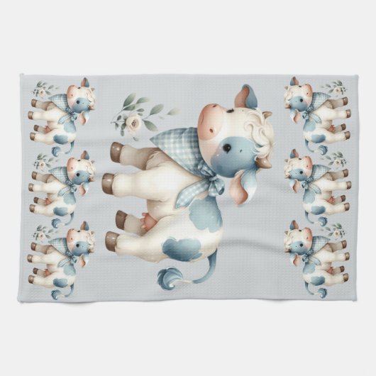 Blue Gingham Baby Cow Pastel Farm Aesthetic Geschirrtuch (Horizontal)