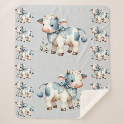 Blue Gingham Baby Cow Pastel Farm Aesthetic Sherpadecke (Vorderseite)