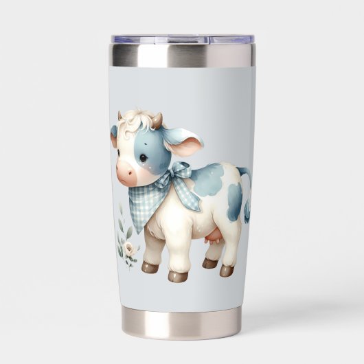 Blue Gingham Baby Cow Pastel Farm Aesthetic Thermobecher (Vorderseite)