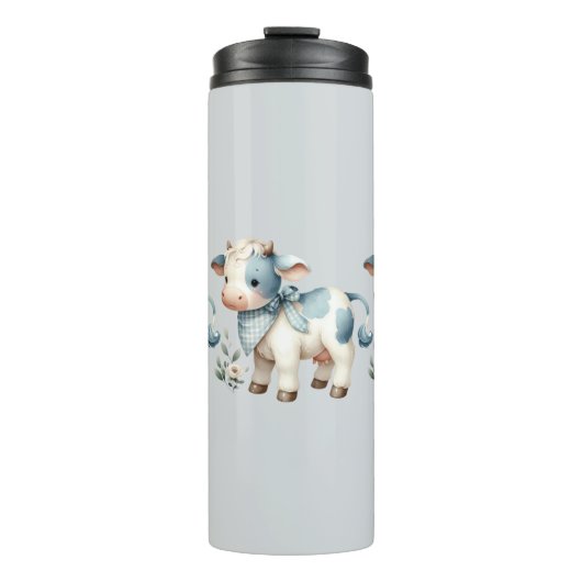 Blue Gingham Baby Cow Pastel Farm Aesthetic Thermosbecher (Vorderseite)