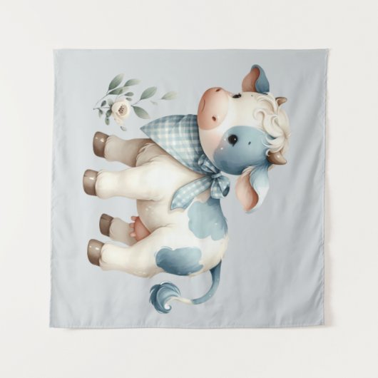 Blue Gingham Baby Cow Pastel Farm Aesthetic Wandteppich (Vorderseite (Horizontal))