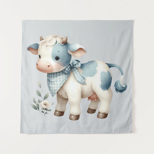 Blue Gingham Baby Cow Pastel Farm Aesthetic Wandteppich (Vorderseite)