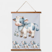 Blue Gingham Baby Cow Pastel Farm Aesthetic Wandteppich Mit Holzrahmen (Vorderseite)
