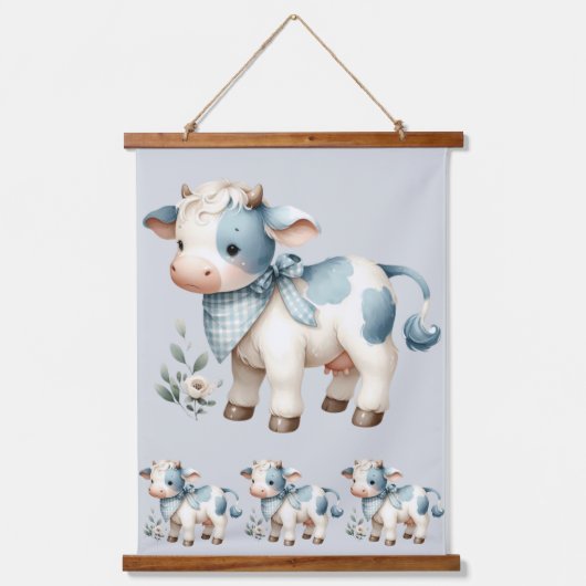 Blue Gingham Baby Cow Pastel Farm Aesthetic Wandteppich Mit Holzrahmen (Vorderseite)