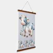Blue Gingham Baby Cow Pastel Farm Aesthetic Wandteppich Mit Holzrahmen (Gewinkelt)